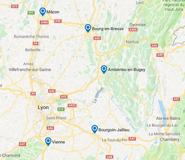 Carte Lyon Bourg en Bresse